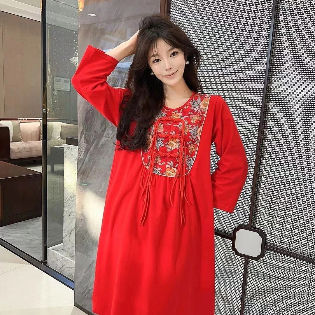 新年本命年红色国风大码女士睡裙九分长袖印花家居宽松服喜庆时尚