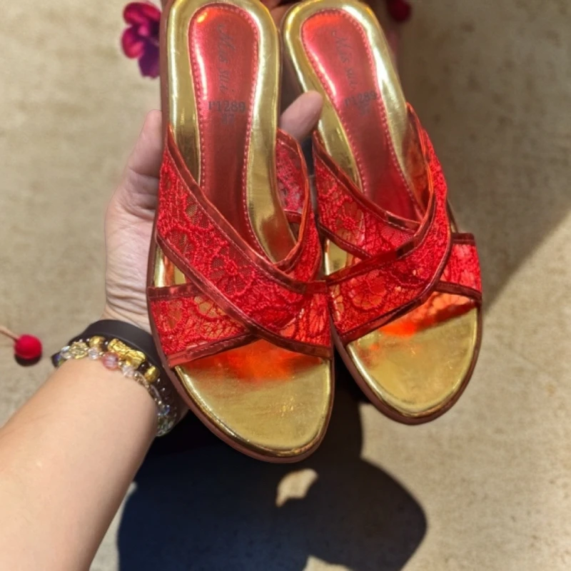 泰国菲律宾原装进口喜事交叉纯色高档网仔红拖鞋沙滩女款平底防滑