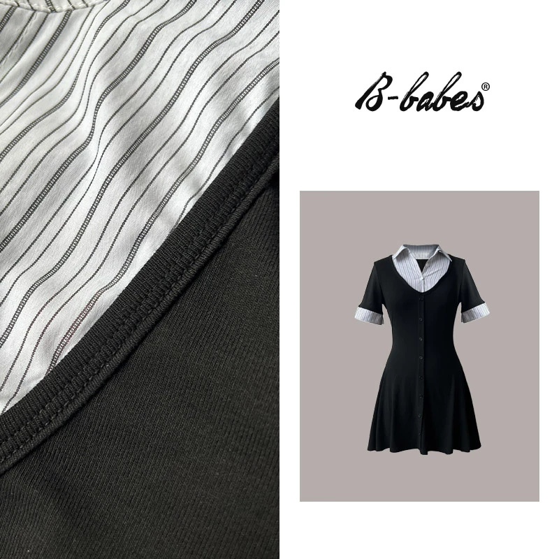 B-babes【轻氧天菜】法式连衣裙条纹拼接假两件a字裙设计修身显瘦裙