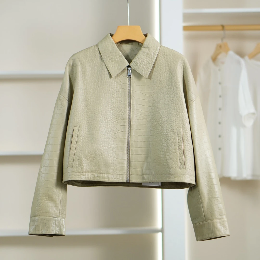 【魏W.D】O-708  女装时尚春秋纹理真皮短外套浅绿色1CDMP2230