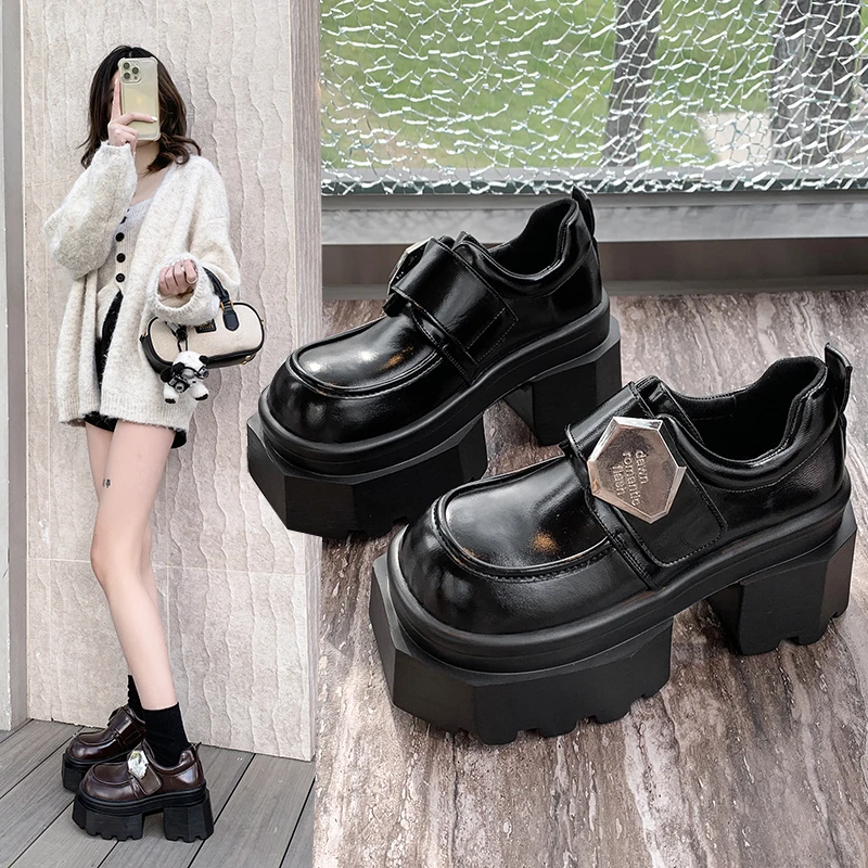 超显腿长~增高跟9cm厚底乐福鞋女春秋2025新款真皮复古大头小皮鞋