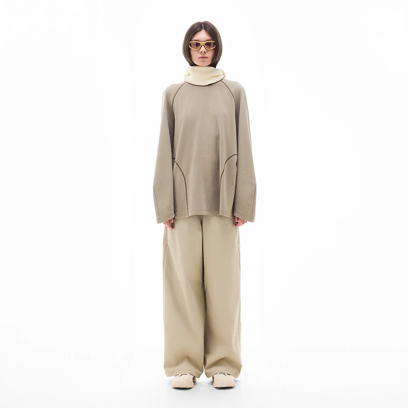 UPON PRO都市线浅卡其撞色弧线分割T恤U1FZ40777