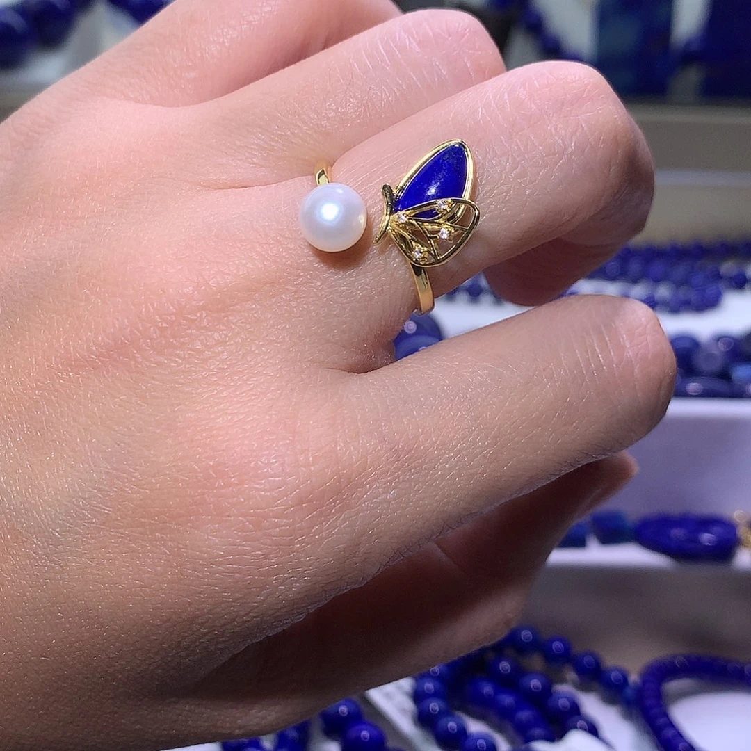 青金石银S925镶嵌天然原矿蝴蝶戒指