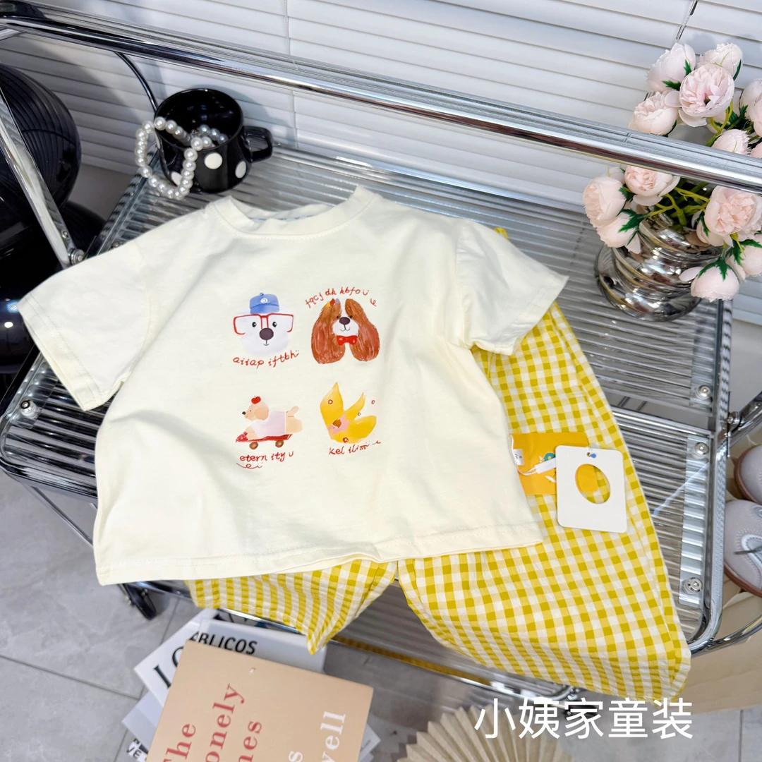【亲子装】韩系可爱卡通潮牌短袖加格子裤2025新款男女宝宝休闲套装
