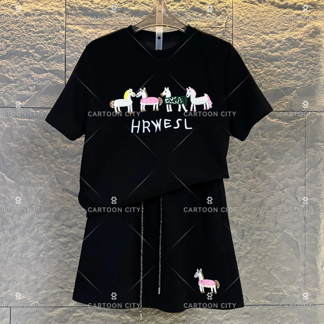 WMA-A37设计师款丨针织刺绣小马宽松版夏季短袖T恤裤裙套装