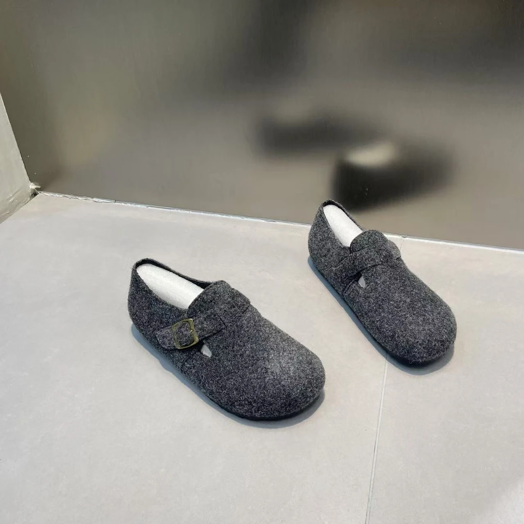 毛呢加绒平底防滑百搭勃肯鞋2024冬季新款鞋子女爆款软底博肯女鞋