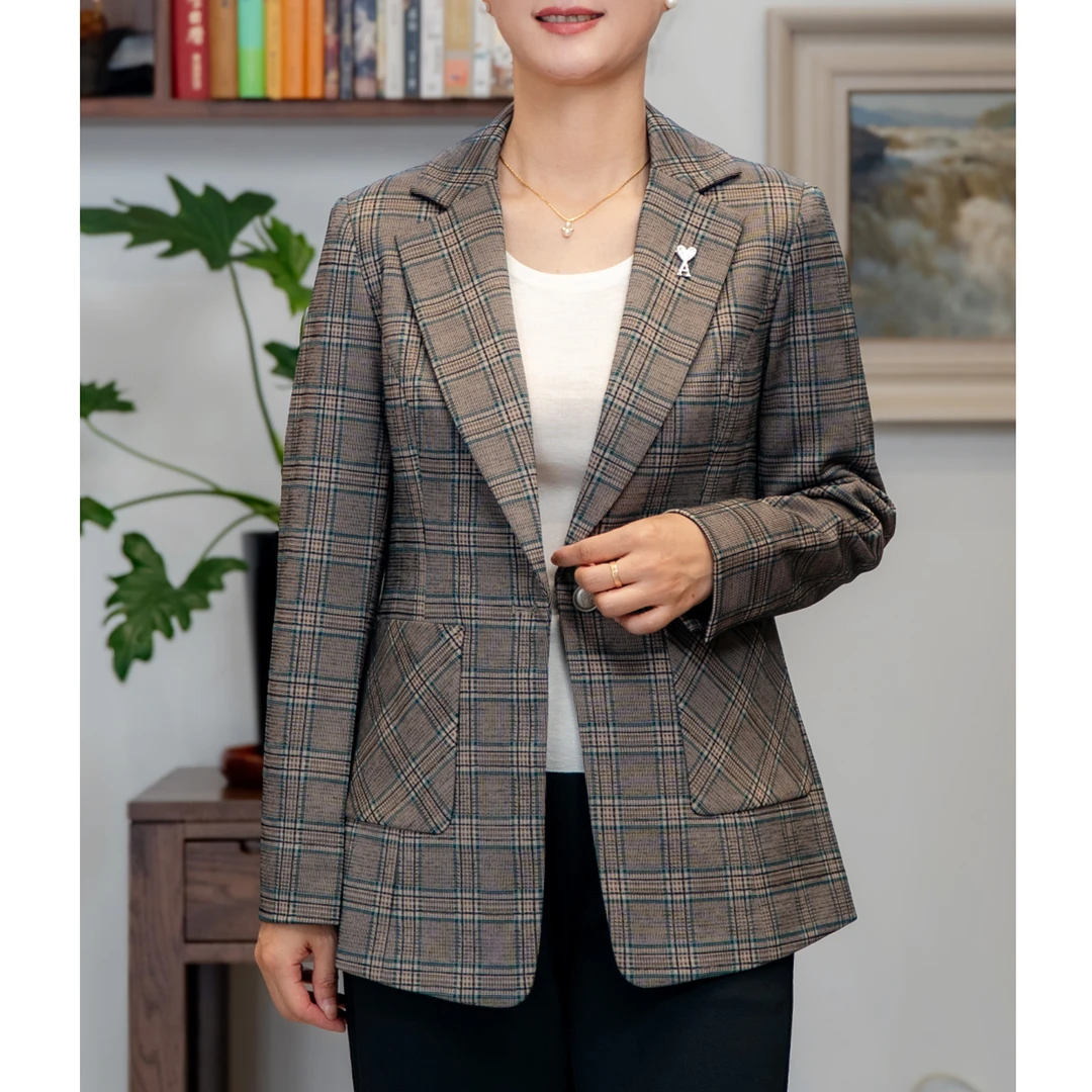 YANER/燕尔2025 女士秋季平驳领单排扣格子西装外套