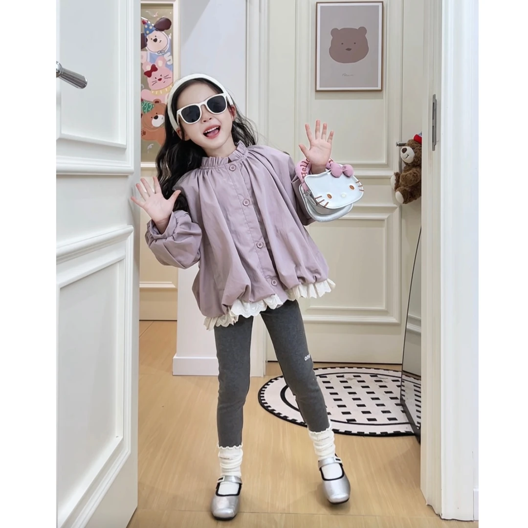 女小童韩版灯笼花苞外套秋季阔版洋气风衣外套开衫2025新款上衣