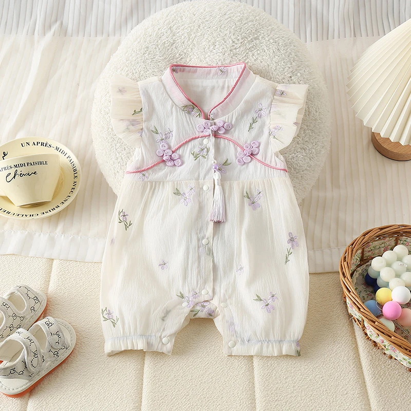 HD婴儿夏款新生儿连体衣女宝宝衣服小花盘扣爬服+流苏ZPX4235