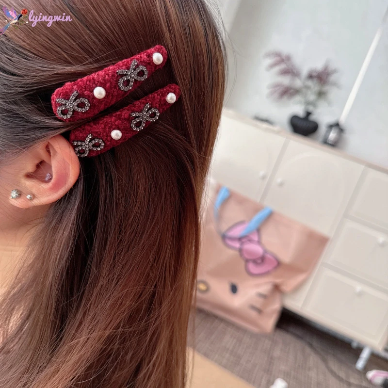 安可拉红色毛绒水钻蝴蝶结刘海碎发夹甜美少女bb夹侧边夹发卡发饰