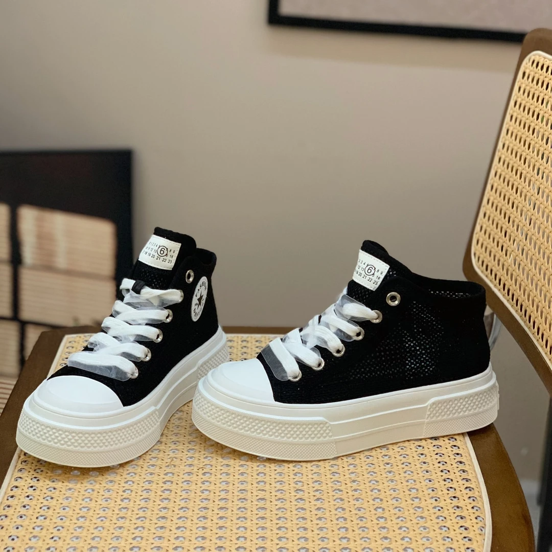 松糕厚底高帮鞋女潮2025夏季新款百搭单网透气休闲系带小白鞋