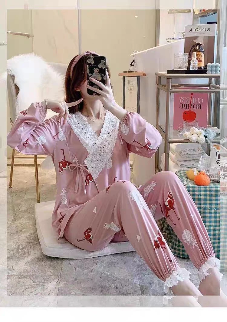 春夏产后月子服薄款系绳孕妇睡衣夏时尚大码哺乳衣套装春款