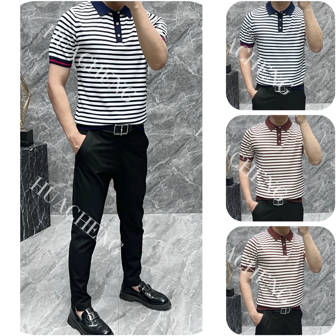 【画成】夏季男士高端透气商务POLO衫条纹撞色弹力针织短袖T13