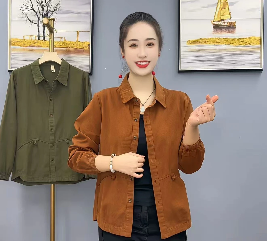 春秋新款时尚洋气宽松显瘦气质方领中年妈妈装单层外套5-19款