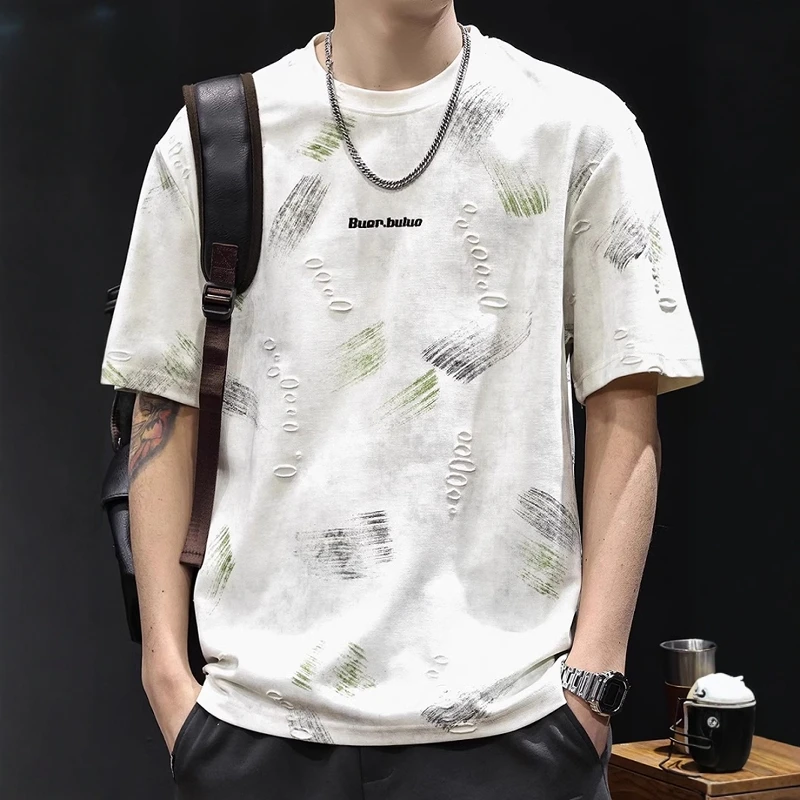 重磅提花破洞潮牌短袖t恤男士夏季2025新款大码高端衣服上衣体恤