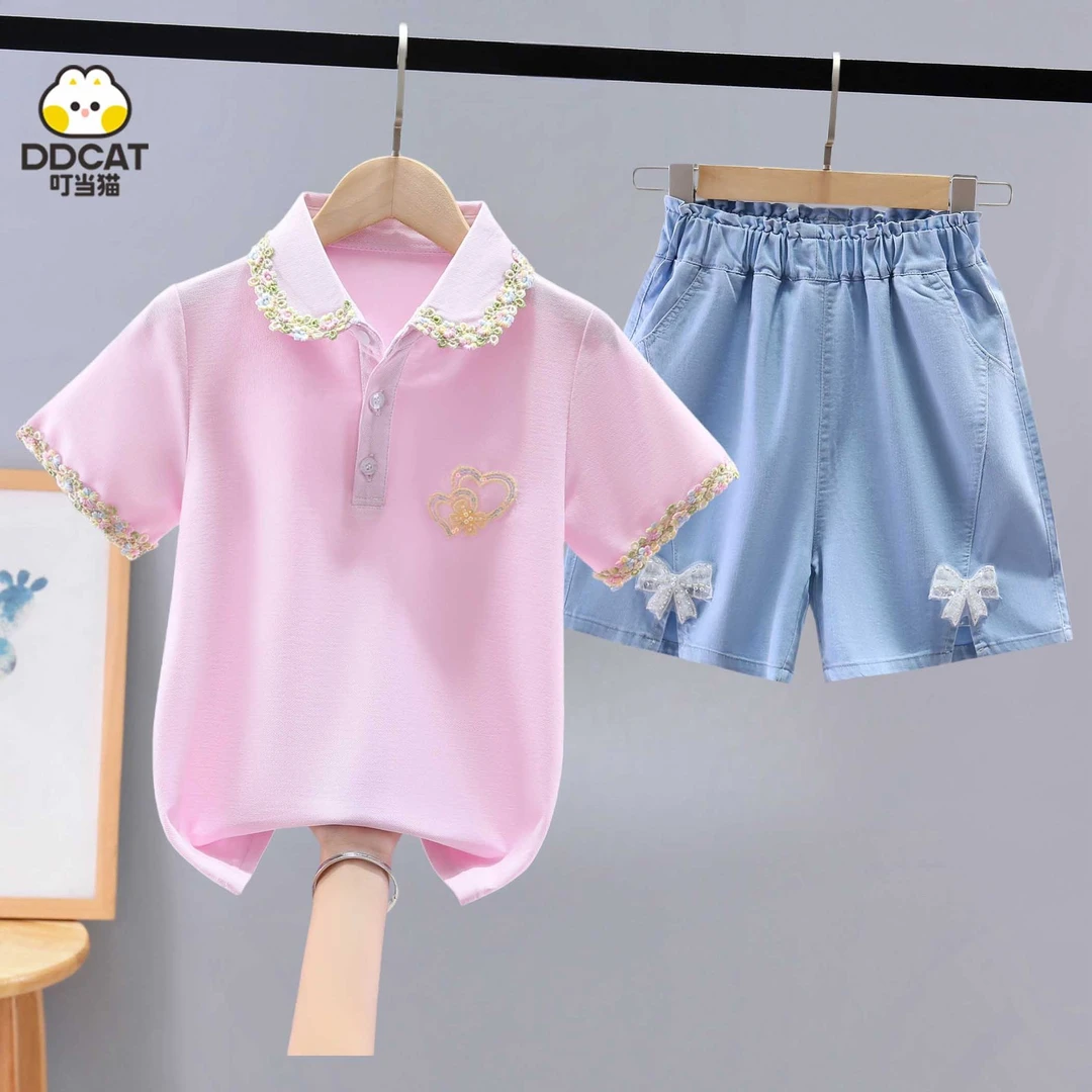 叮当猫女童短袖套装夏装新款洋气中大童女童翻领polo衫上衣两件套