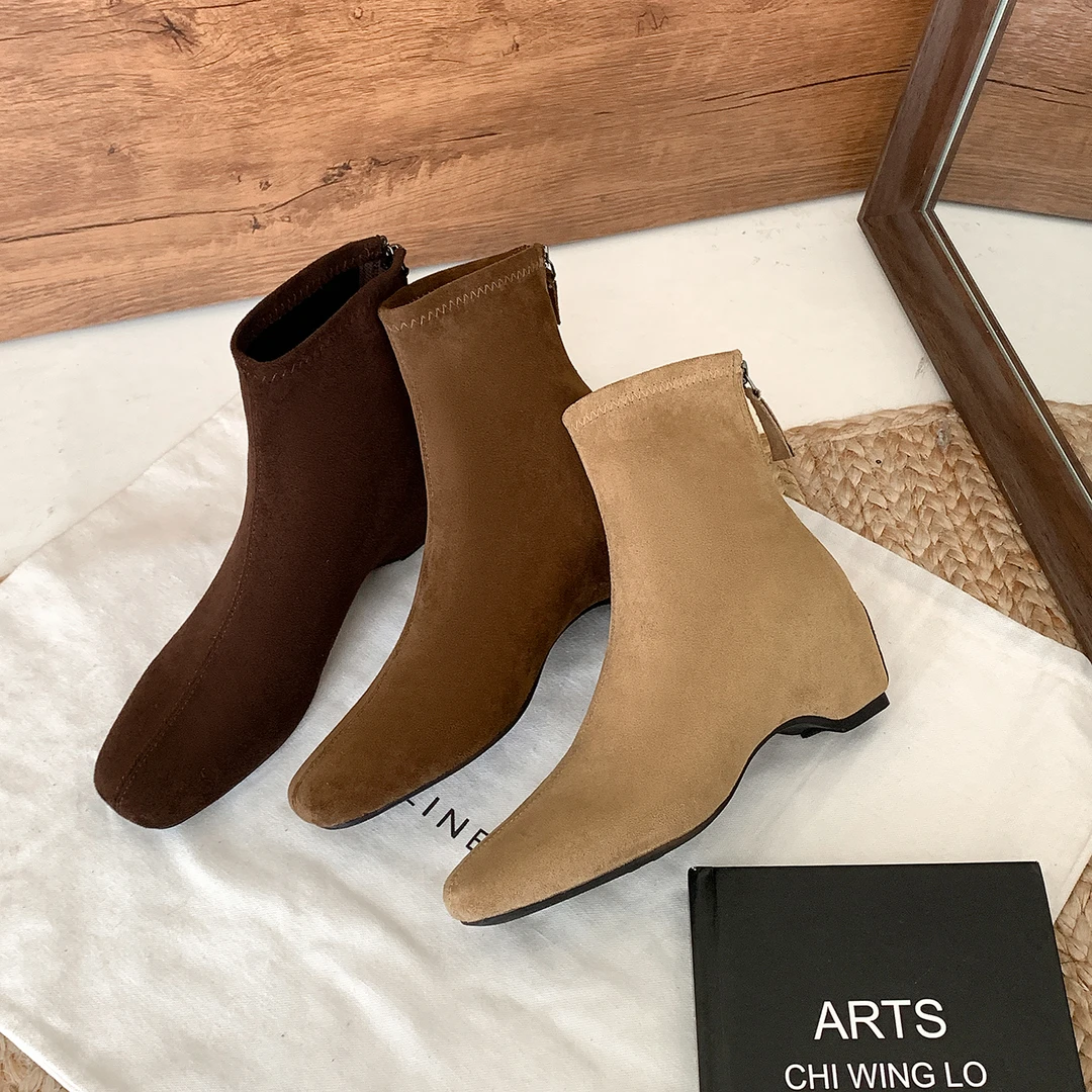 内增高复古棕色马丁靴女鞋2025新款方头瘦瘦法式小短靴内增高短靴