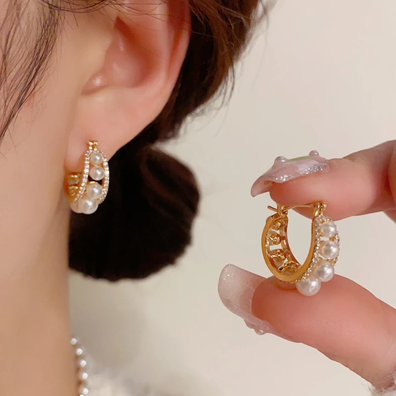 铜合金亚克力耳饰 法式复古U形锆石耳扣轻奢设计感百搭008耳环