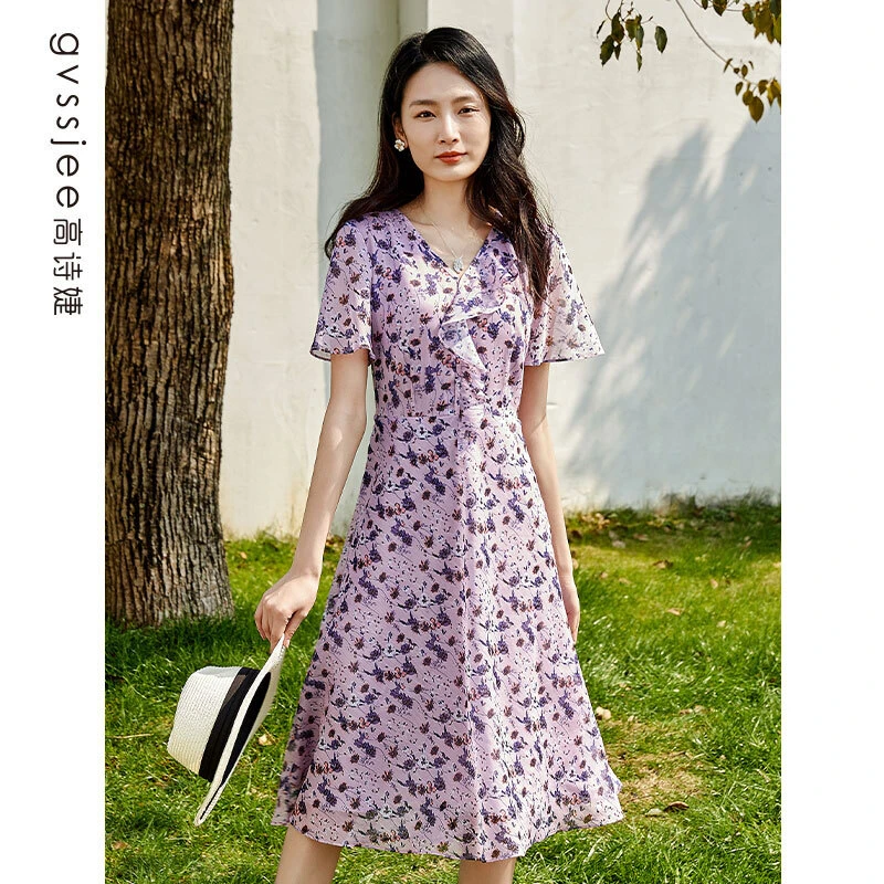 高诗婕夏季法式连衣裙显瘦V领长裙裙子夏天连衣裙232263049-90