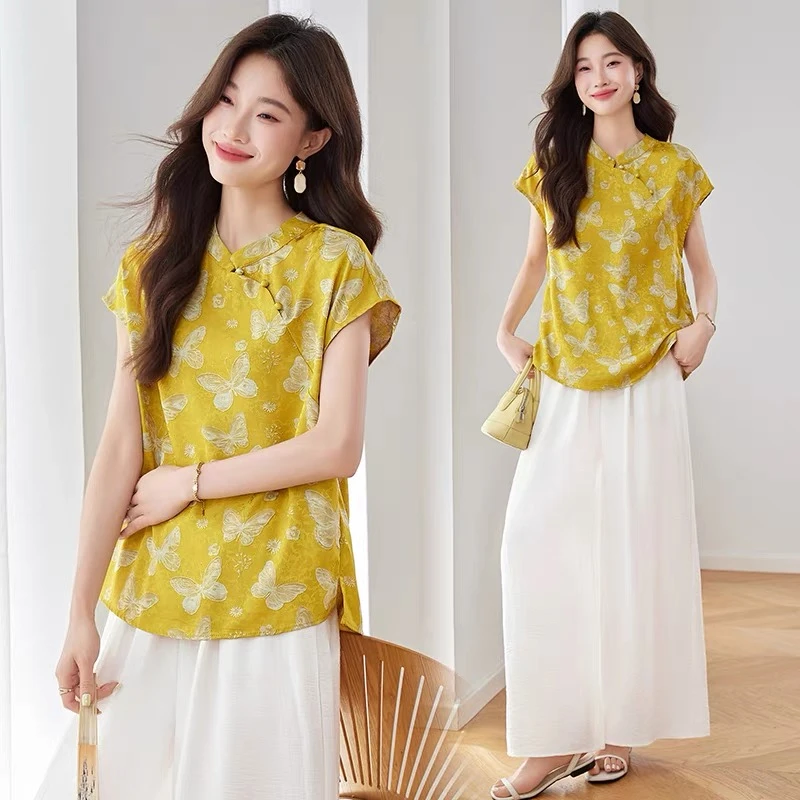 “栩栩然“羡君花下酒 蝴蝶梦中飞 新中式盘扣蝴蝶印花衬衫上衣