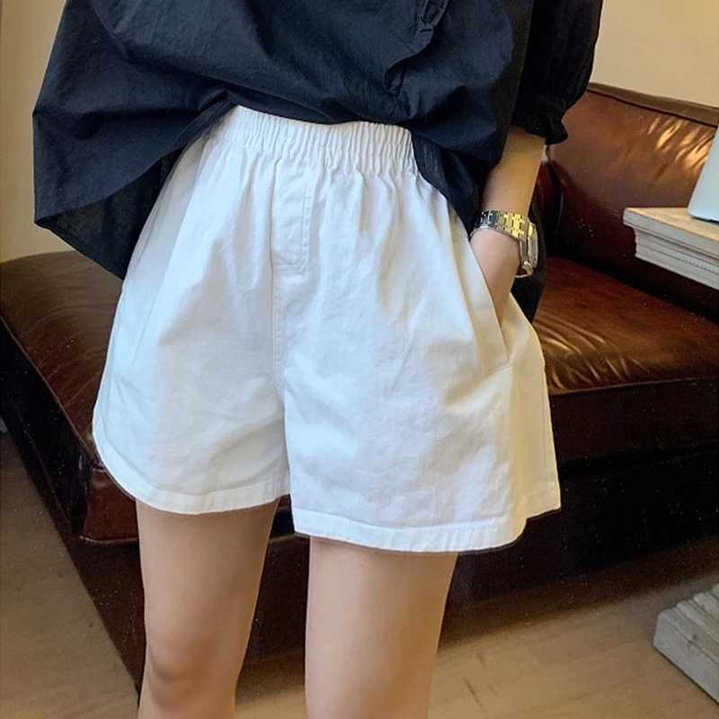 白色短裤女夏季薄款休闲松紧高腰外穿小个子A字高腰阔腿裤子