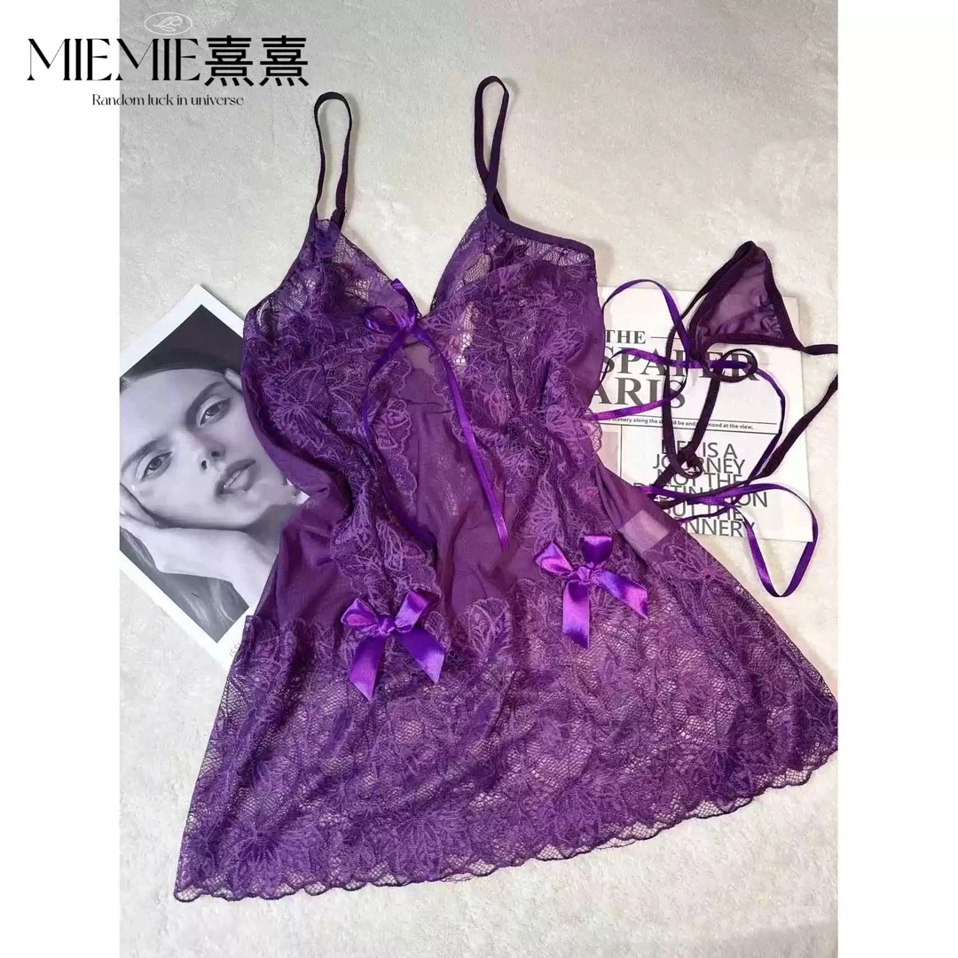 【MIEMIE熹熹】紫色韵味！吊带蝴蝶结绑带镂空睡衣薄透性感