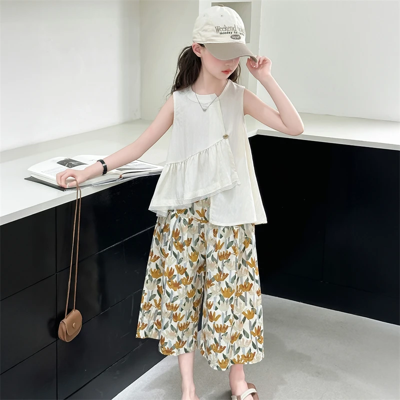女童夏装2025新款大童女孩无袖棉布娃娃衫背心碎花阔腿裤两件套