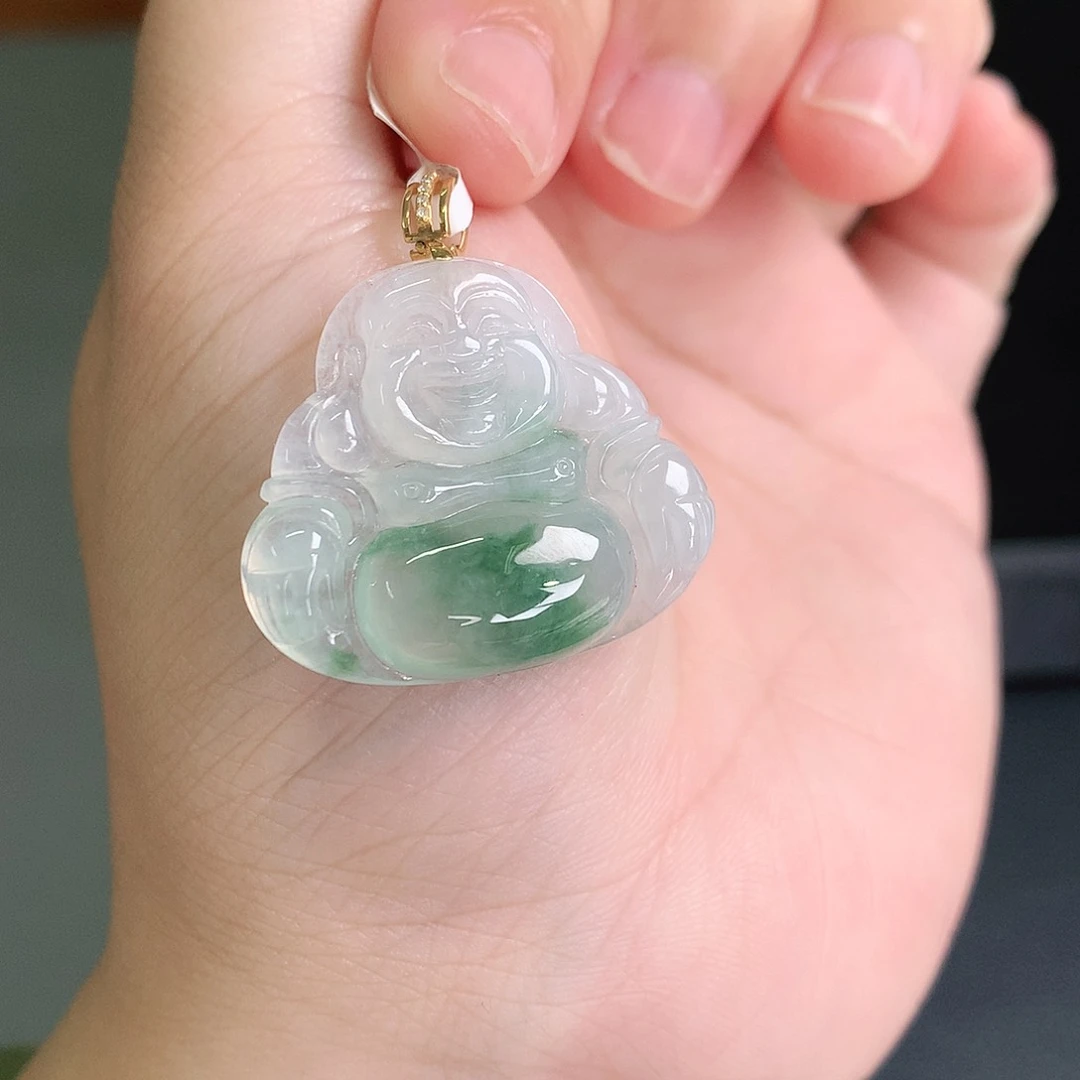 翡翠18K金镶嵌颈饰冰飘绿佛公26-29-5.8如