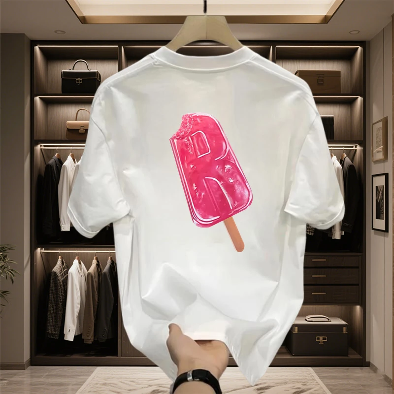 新款纯棉短袖T恤夏季爆款欧若风冰棒印花百搭宽松男士圆领上衣男