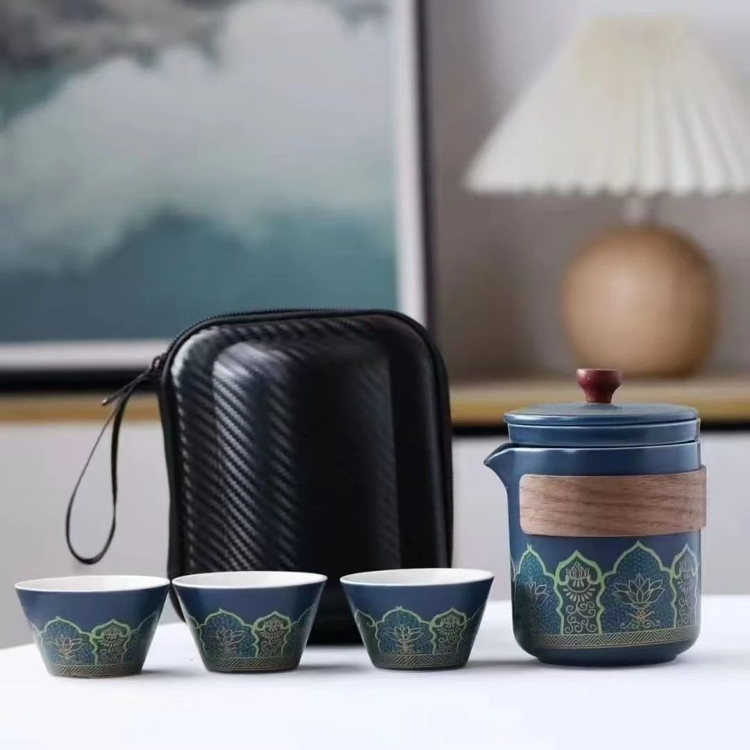 陶瓷功夫旅行茶具套装户外三杯客杯便携式一壶泡茶KK0280