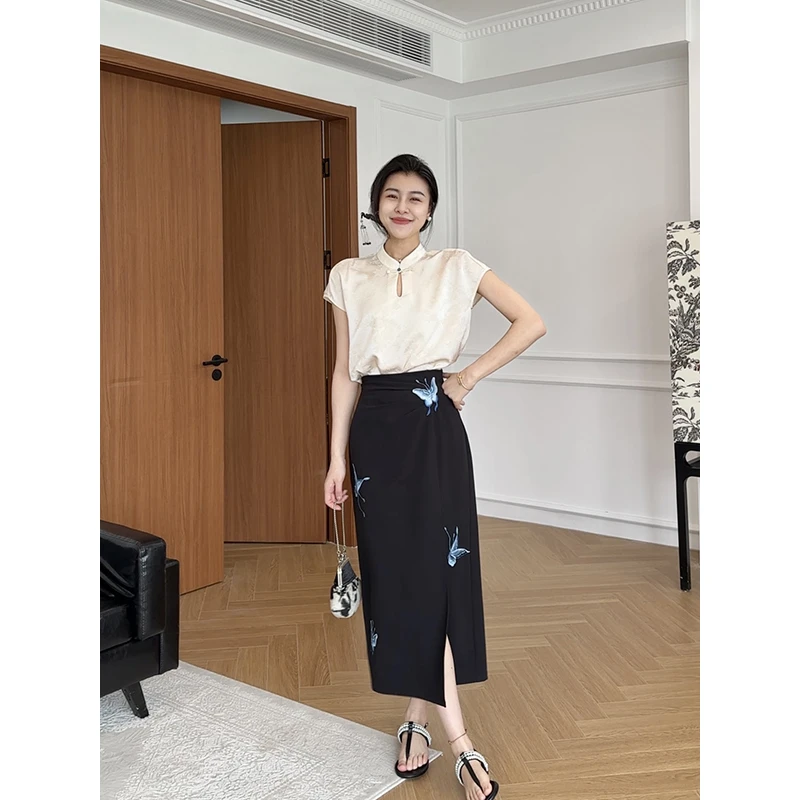 张阿星【袅袅江南】新中式国风盘扣小衫+蝴蝶旗袍半裙   W425C07142