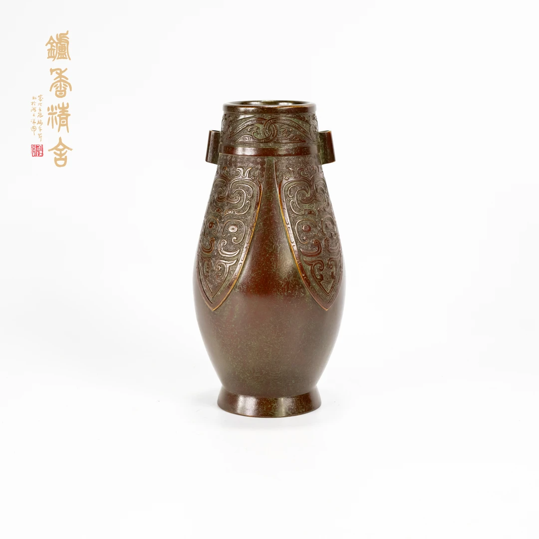 陈巧生制 仿古贯耳蝉纹花瓶铜花瓶
