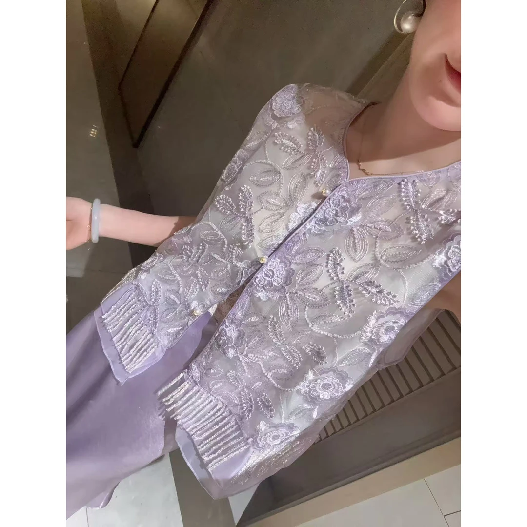 【西西】新中式春款马甲宽松轻奢气质时尚显瘦重工绣花坎肩+连衣裙