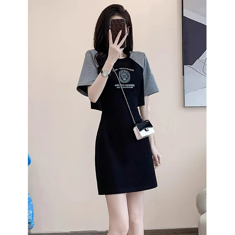 休闲灰色圆领连衣裙女夏季显瘦气质小个子减龄设计感运动风t恤裙