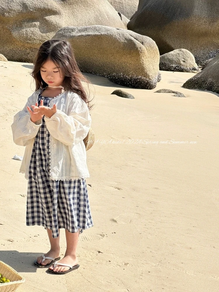 「春日甜心」    蓝格吊带裙儿童提花花边开衫