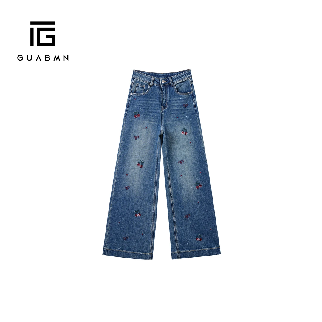 GUABMN2025秋季新款宽松牛仔阔腿裤高腰显瘦绣花烫钻拖地长裤5692