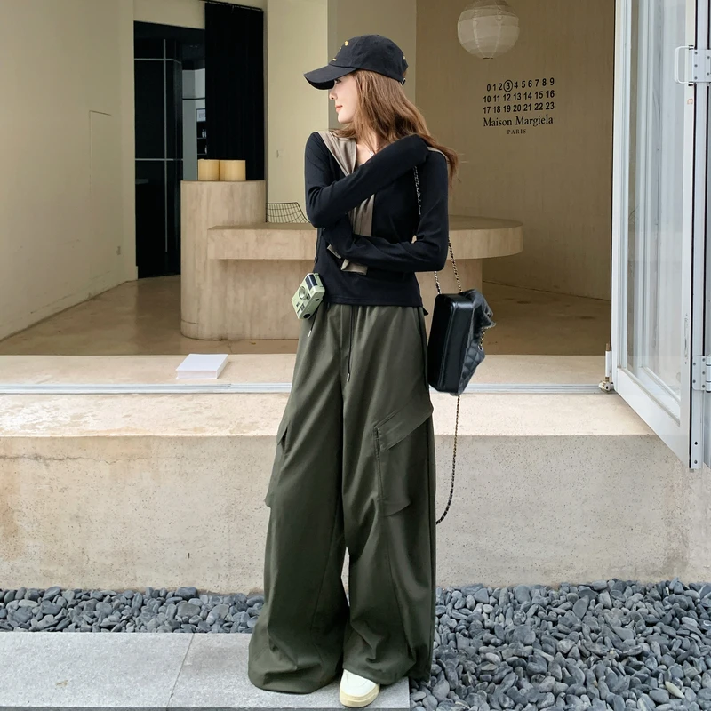 时尚炸街工装风套装裤女2025春秋新款撞色T恤阔腿裤两件套配披肩