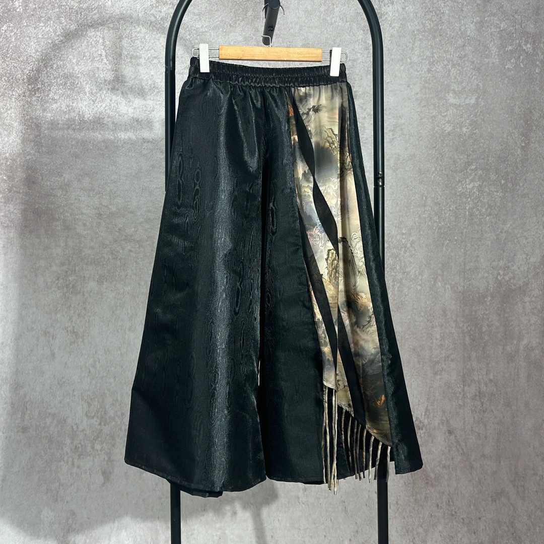 【焕夏墨晨】K2052黑色拼接渐变泼墨画流苏阔腿裤