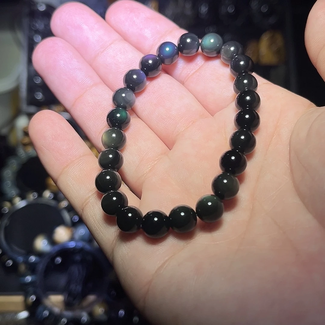 黑曜岩未镶嵌手链肥*?天然彩虹眼黑曜石8mm