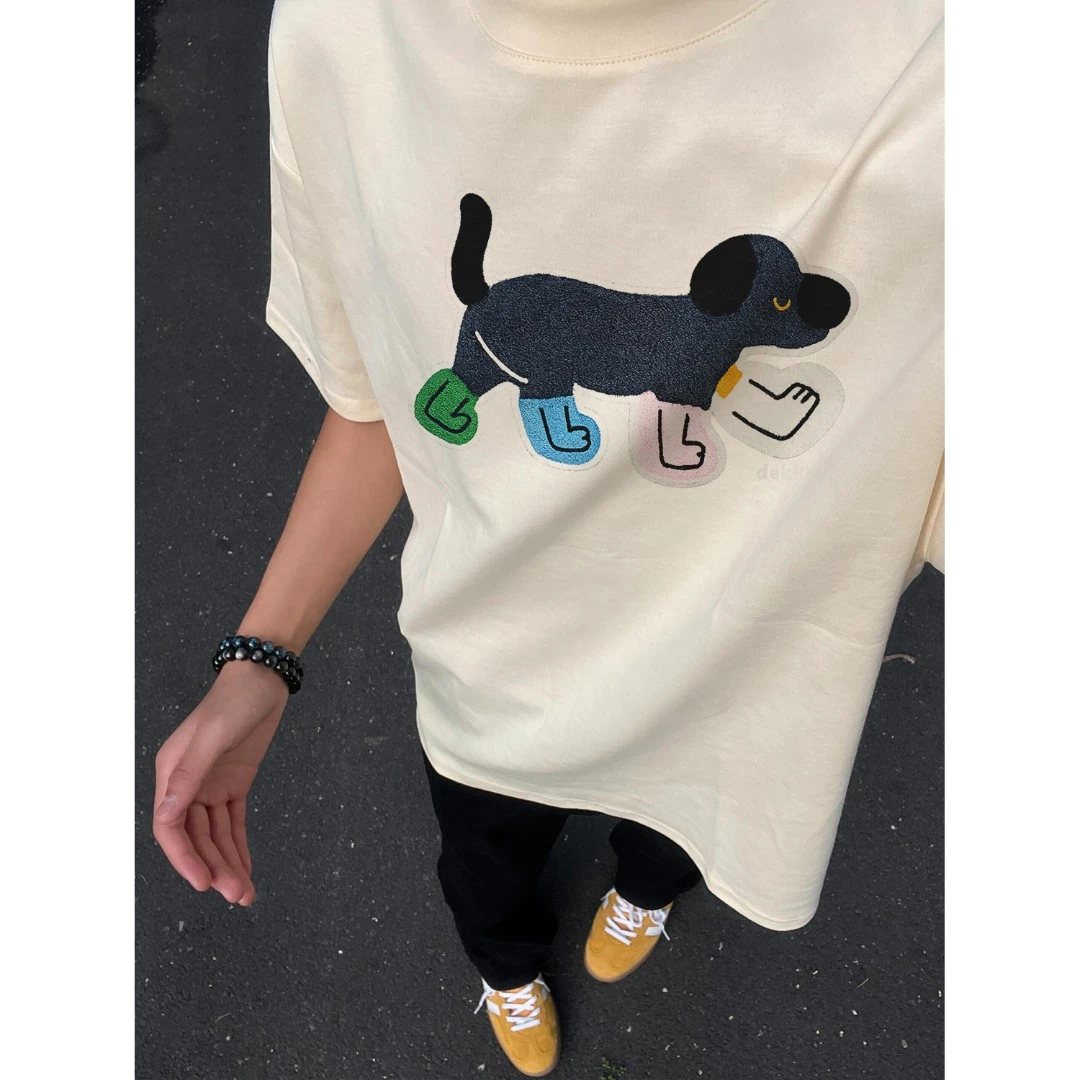 100%纯棉美式简约小狗字母印花短袖t恤男女夏季休闲百搭情侣上衣