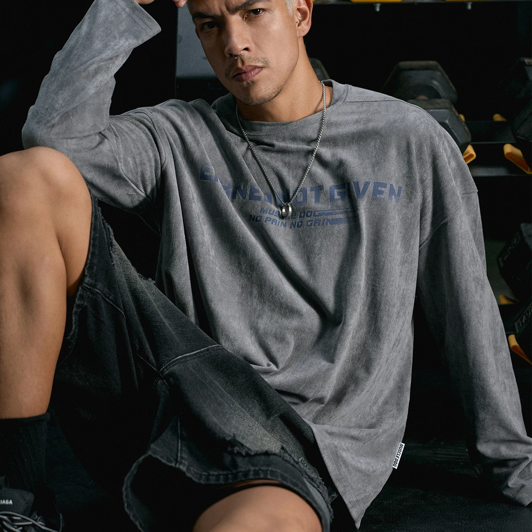 肌肉狗 运动长袖T恤男秋季新品美式麂皮绒休闲训练服健身上衣