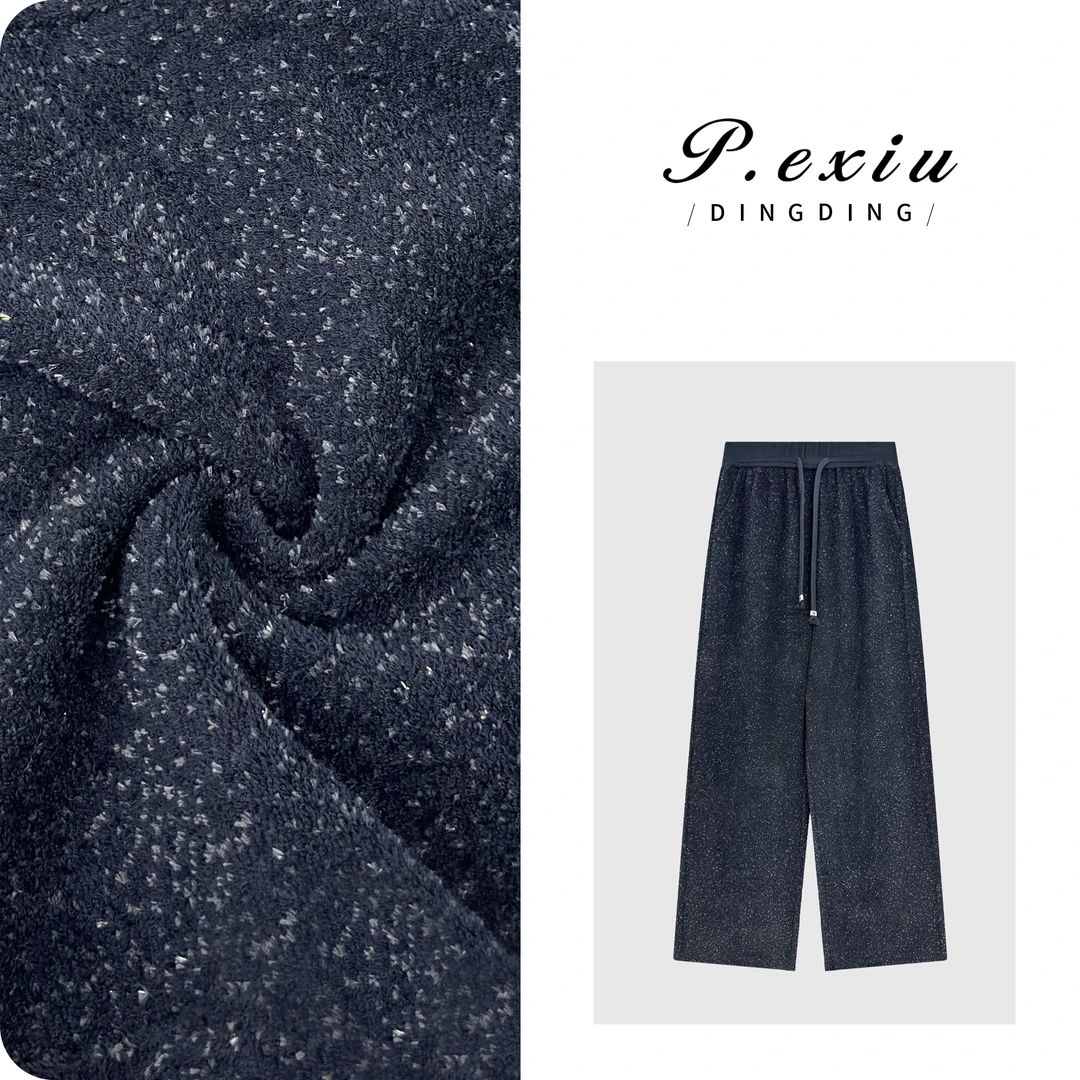 人丝复古花纱撞色腰头松紧腰垂感直筒休闲裤W-63497