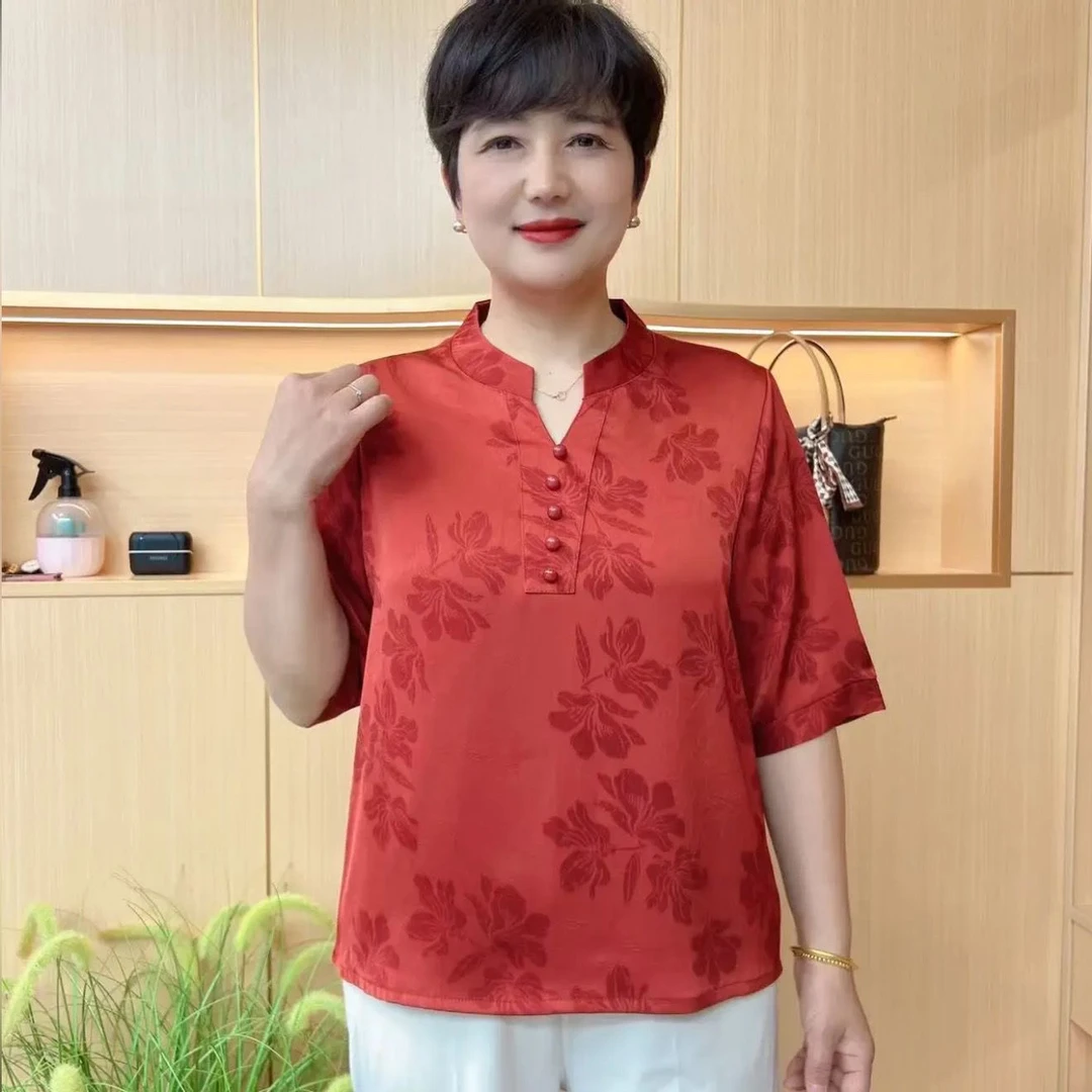 V领常规纽扣五分袖宽松型碎花T恤中年印花中式老钱风