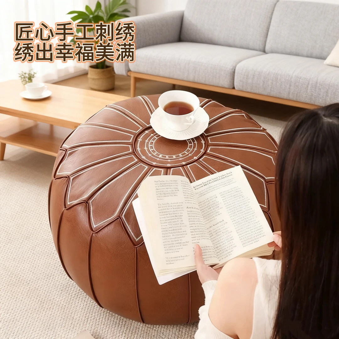 手工满绣坐垫轻奢风坐墩地上坐垫复古客厅蒲团免洗皮质收纳袋