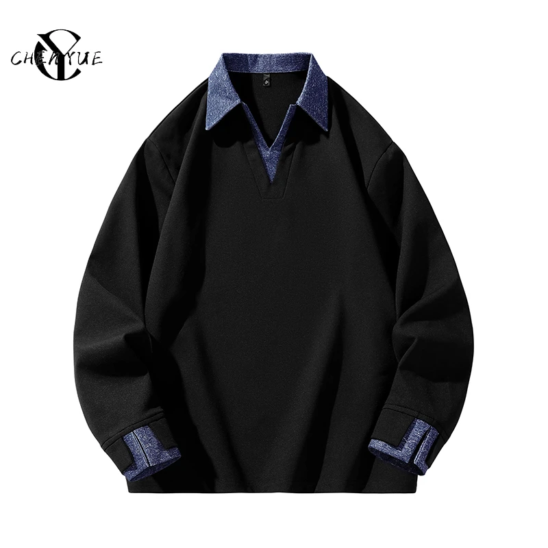 V领男士大码秋冬长袖卫衣男装时尚休闲潮流假两件常规加绒款卫衣