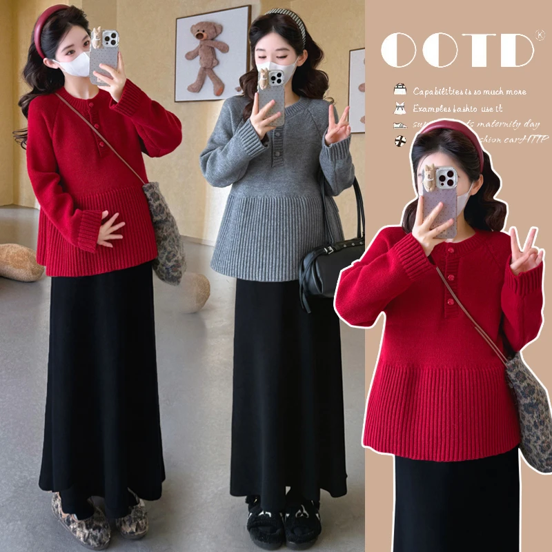 网红孕妇装套装韩版设计感新年服洋气显瘦加厚上衣+半身裙套装