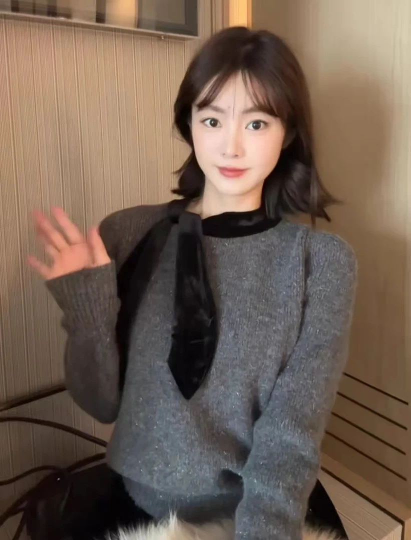 自带亮丝复古丝绒系带领毛衣秋冬新款气质显瘦设计感针织衫上衣女