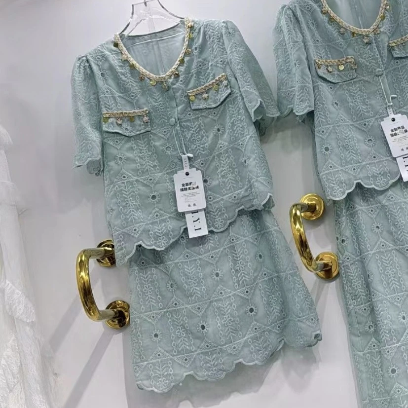 大窦窦胖妹妹大码蕾丝蓝色上衣搭配蓝色长半裙时尚女装套装香风