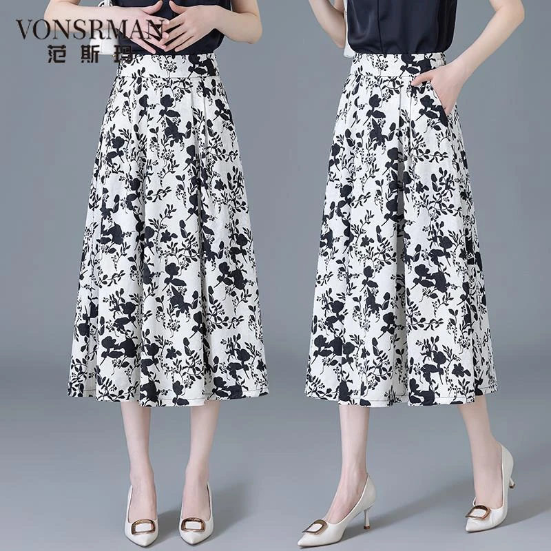 雪纺碎花半身裙女夏季薄款2025新款松紧高腰气质垂感a字百褶伞裙a