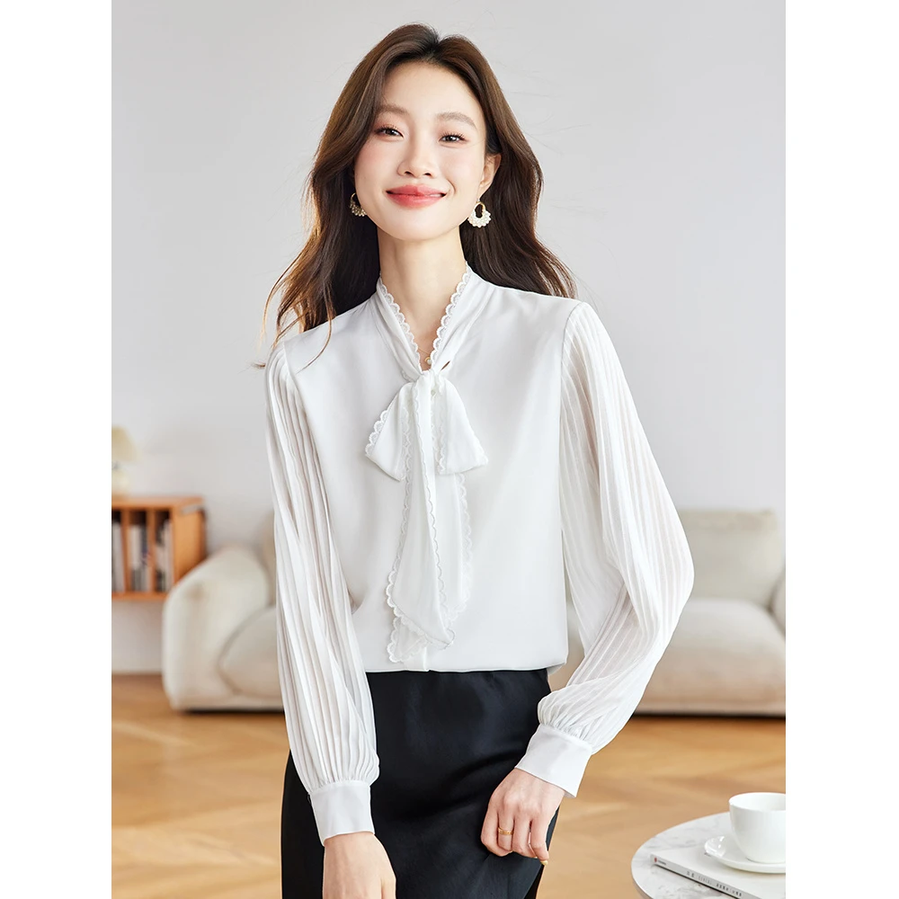 蝴蝶结飘带蕾丝v领白色衬衫女春秋法式气质风琴百褶长袖通勤上衣